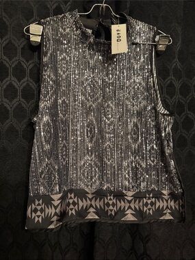 Silver Sequin Sleeveless top with Patterned Hem